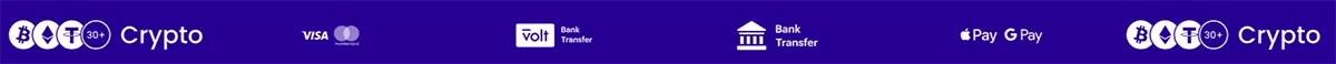 Payment methods strip showing cryptocurrency support (BTC, ETH, LTC, 30+), Visa and Mastercard, Volt bank transfer, standard bank transfer, and Apple Pay / Google Pay icons on a purple background.
