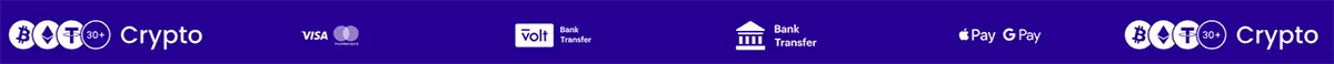 Payment methods strip showing cryptocurrency support (BTC, ETH, LTC, 30+), Visa and Mastercard, Volt bank transfer, standard bank transfer, and Apple Pay / Google Pay icons on a purple background.