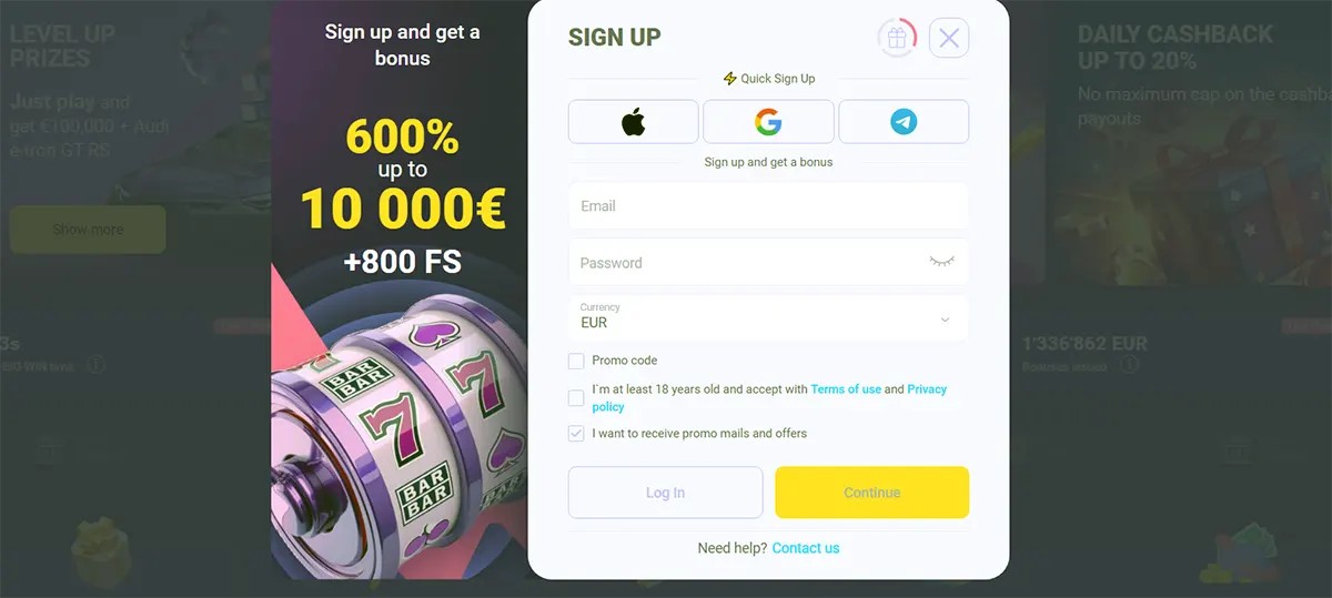 Casino sign-up popup advertising a 600% bonus up to €10,000 plus 800 free spins, with quick sign-up options (Apple, Google, Telegram), email and password fields, currency selection, promo code option, consent checkboxes, and a “Continue” button alongside a slot machine graphic.