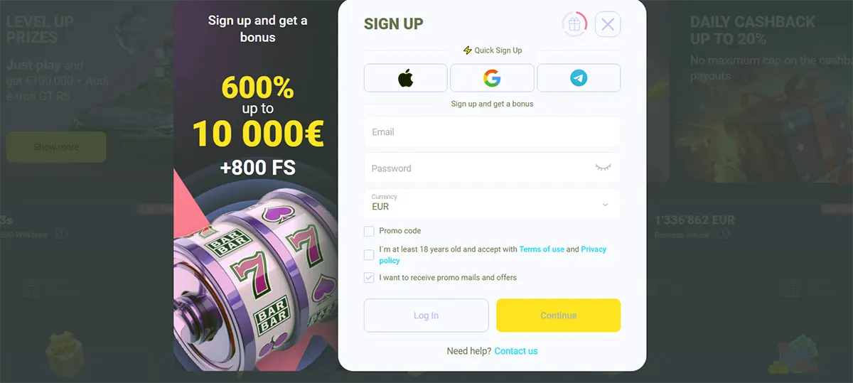 Casino sign-up popup advertising a 600% bonus up to €10,000 plus 800 free spins, with quick sign-up options (Apple, Google, Telegram), email and password fields, currency selection, promo code option, consent checkboxes, and a “Continue” button alongside a slot machine graphic.